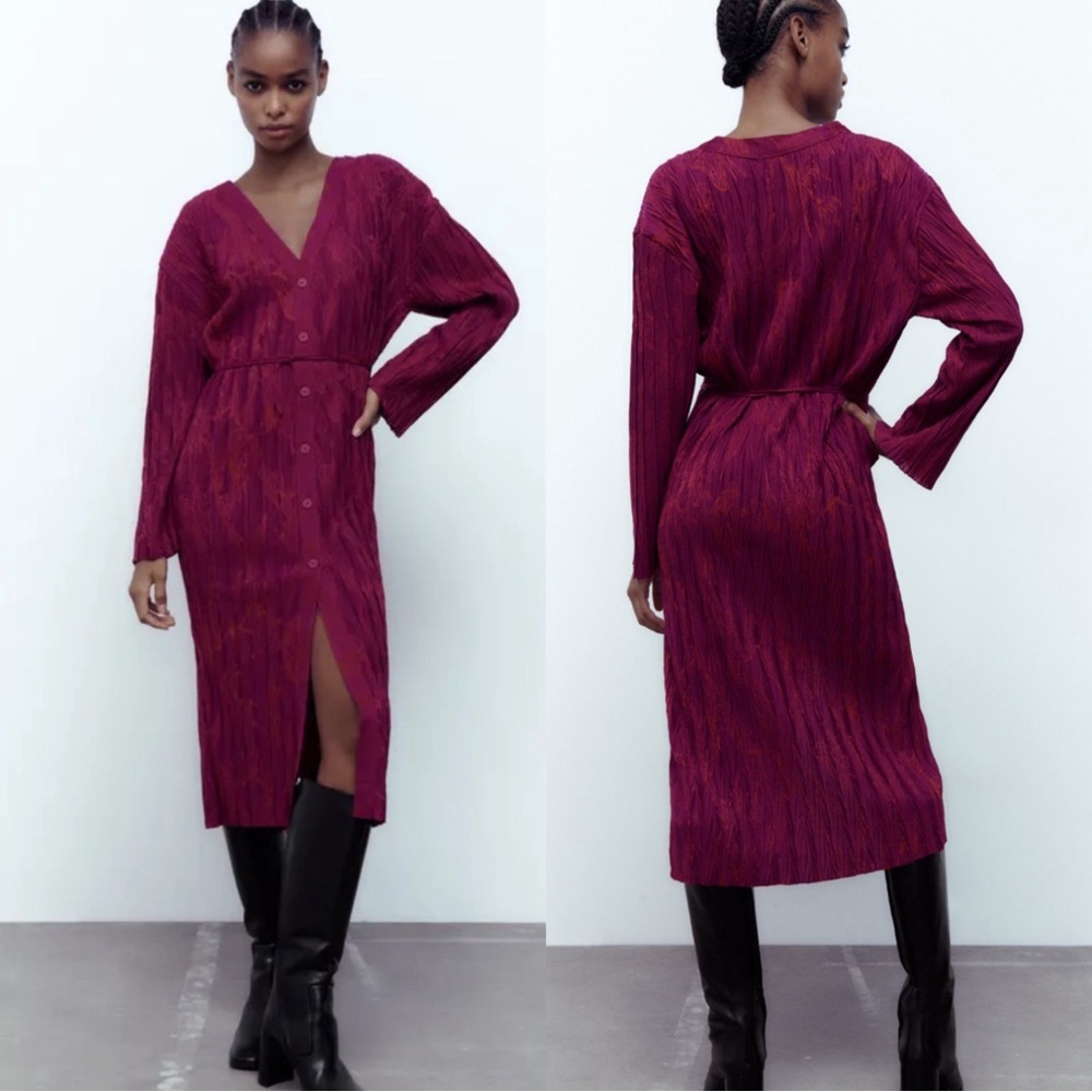 ZARA Jacquard Button Down Long Sleeve Midi Dress With Belt Women’s Large
